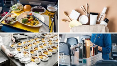 Four pictures showing airplane food, an amenity kit, preparing food and a woman typing on a laptop